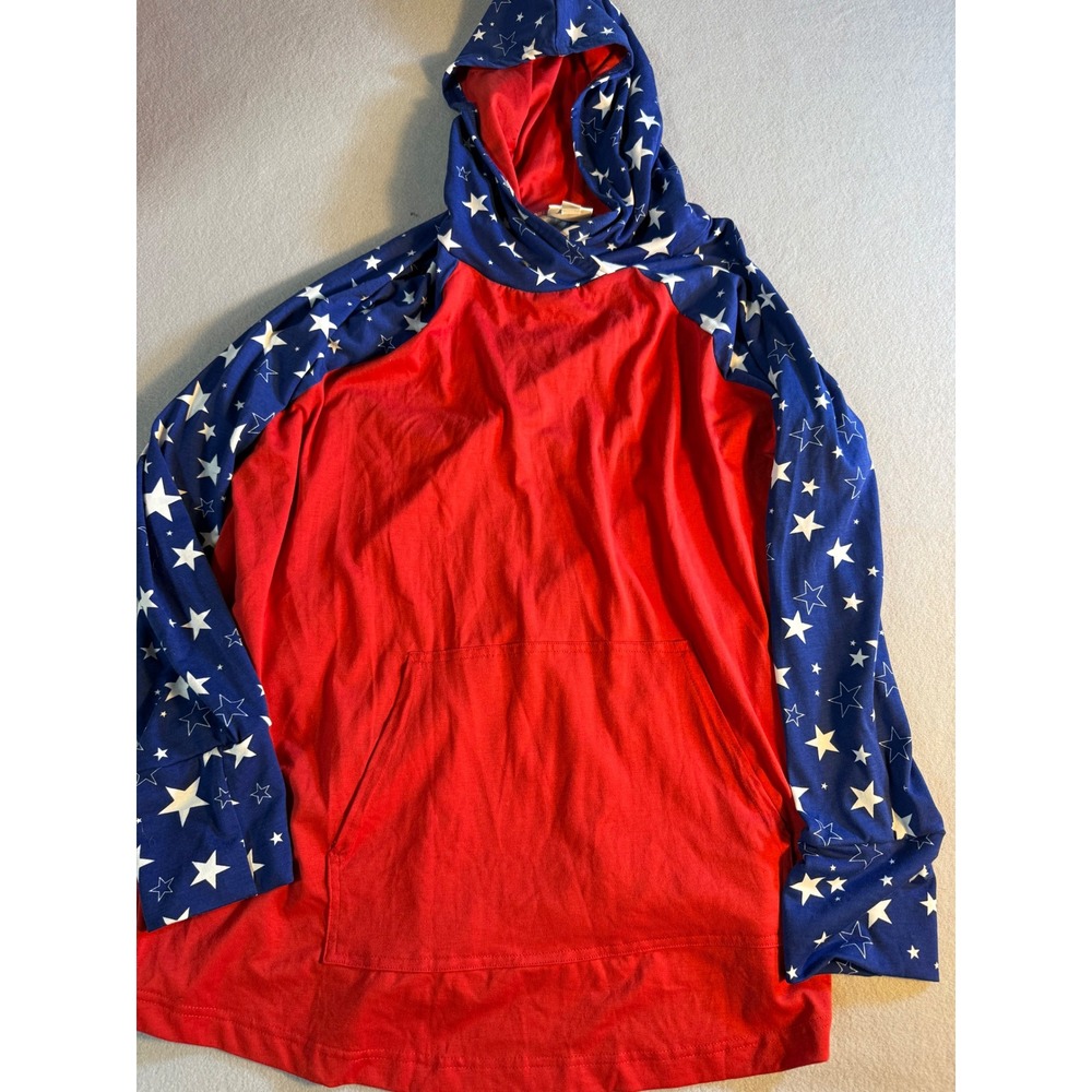 LuLaRoe Womens 2XL Hoodie Red Blue Stars Patriotic Americana Raglan Pullover
